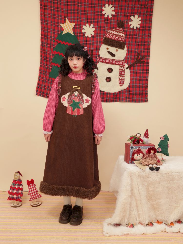 Cherub Color Plaid Appliqué Corduroy Vest Dress