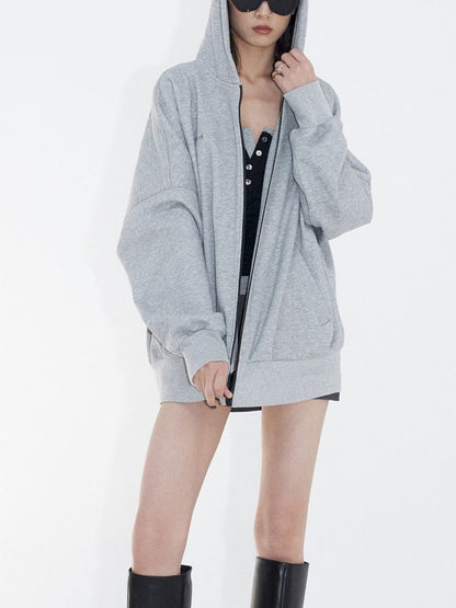 Loose Slouchy Gray oversize Zipper Hooded Sweatshirt