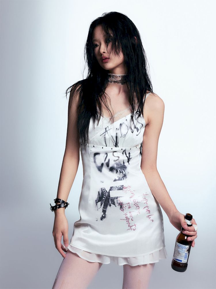 Graffiti Printed Satin Halter Dress