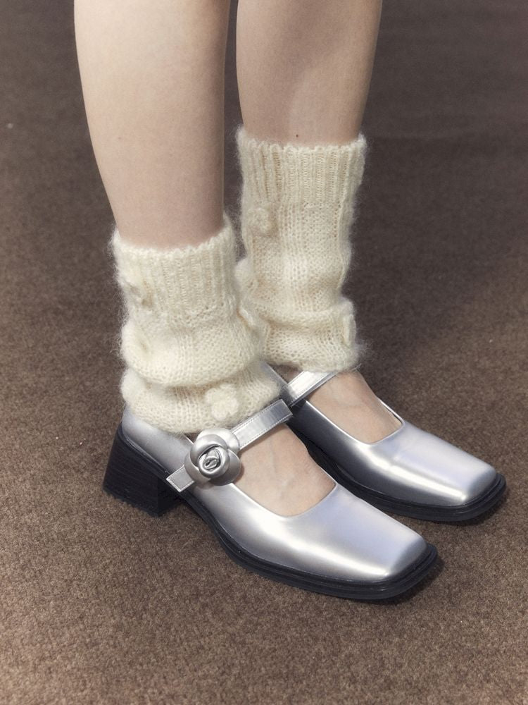 Silver Camellia Square Toe Mary Jane Leather Shoes