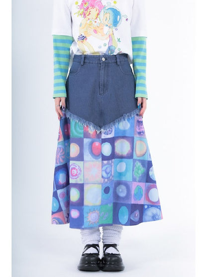 Plaid Patchwork Denim Maxi Skirt