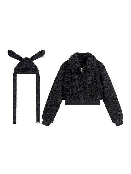 Black Fluffy Bunny Circle Lambswool Short Jacket + Hat