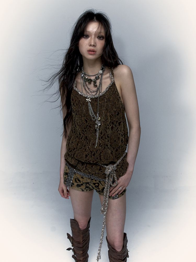 Slouchy Old Hollowed Out Loose Flocked Lace Vest