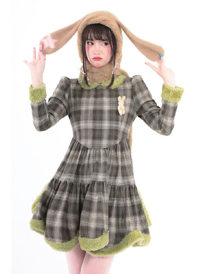 Bunny Doll Green Brown Plaid Petal Dress