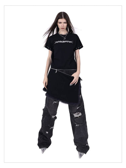 Studded Zip Slim Split Genderless Short Sleeve