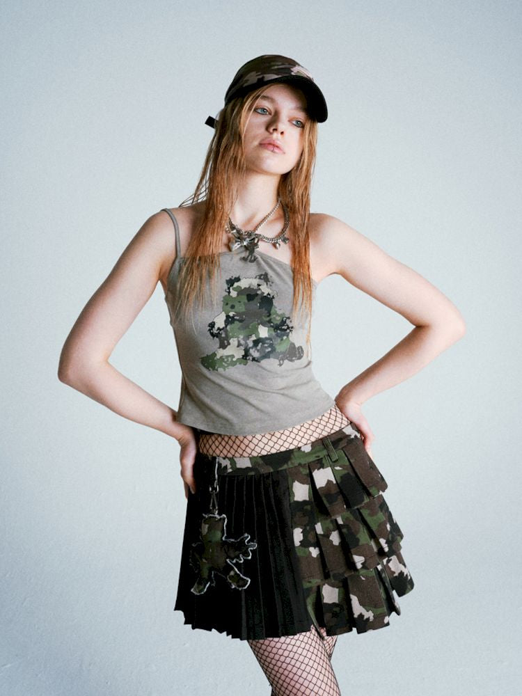 Patchwork Camouflage Pleated Skirt