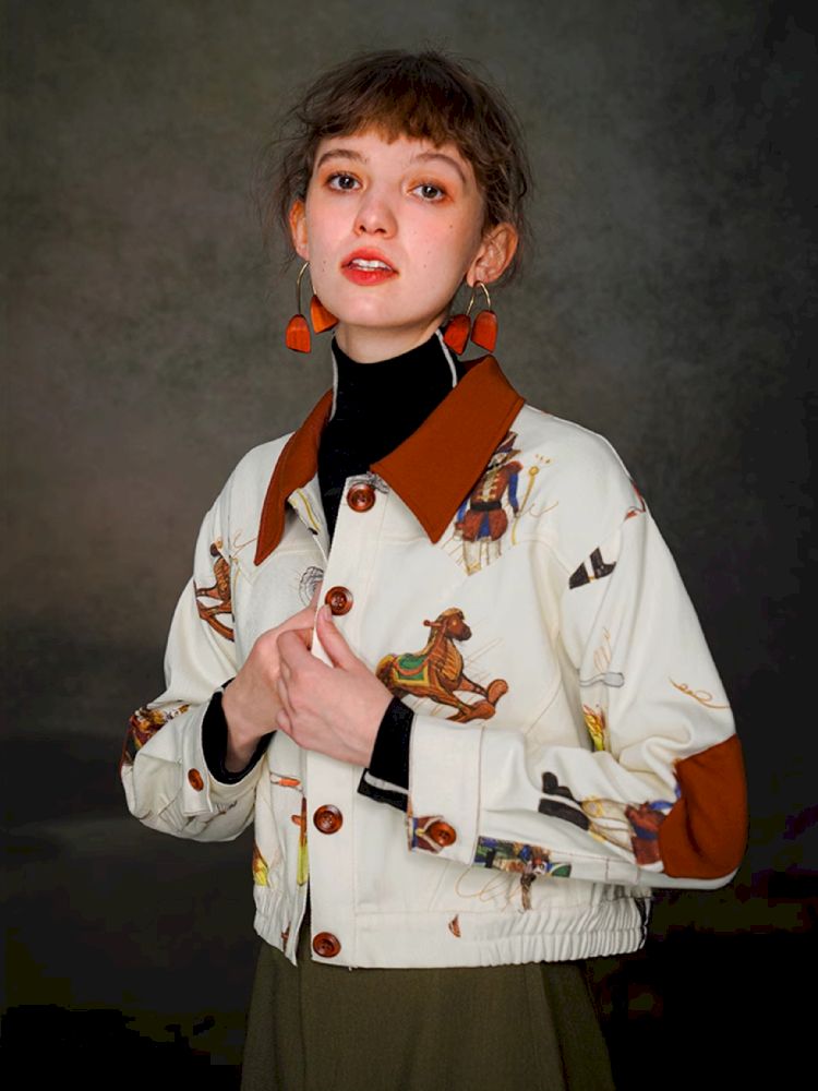 British retro brown red polo collar short jacket