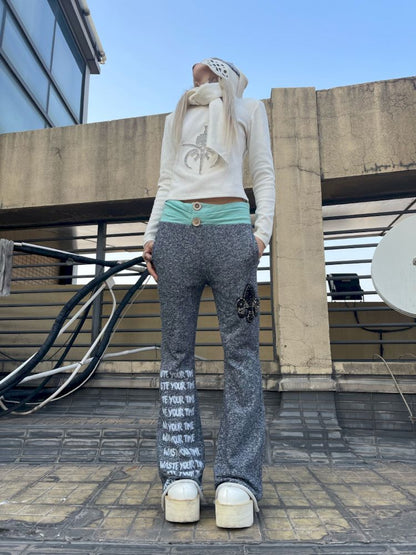 Low Rise Printed Studded Flared Stacked Sweatpants