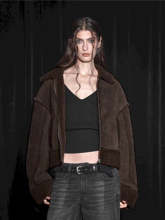 Patchwork Suede Lamb Fur Loose Zipper Jacket