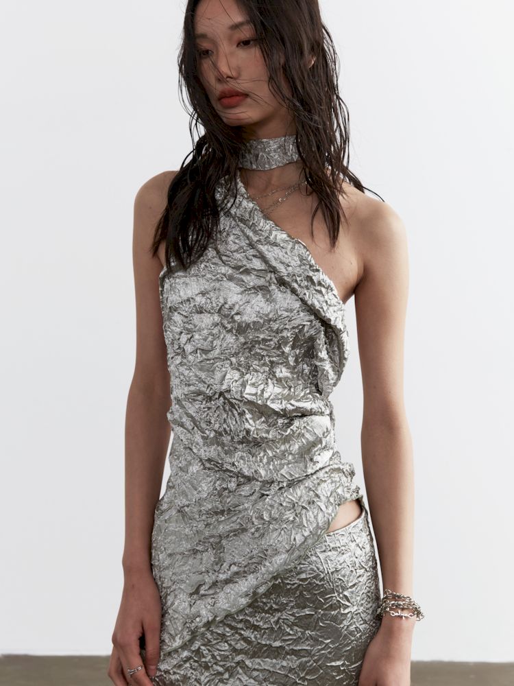 Metallic Satin Crinkle Textured Two-Piece Dress