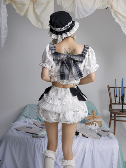 Big Bow Lace Bubble Sleeve Short Top