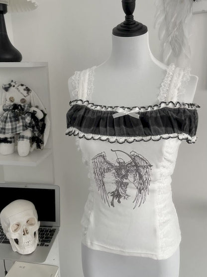 One Neck White Plaid Lace Angel Skull Short Short Sleeve T-Shirt