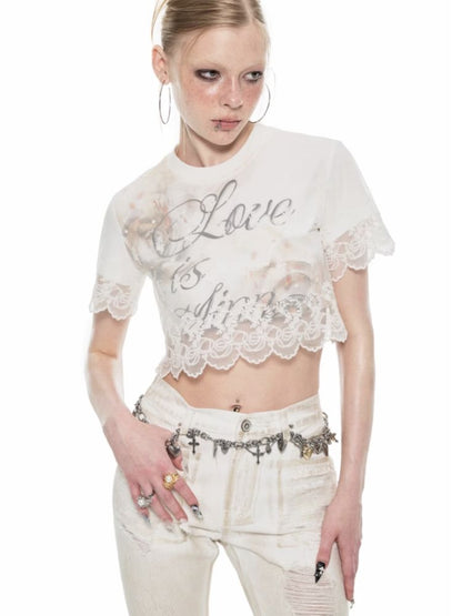 Lace false two pieces splicing short-sleeved T-shirt