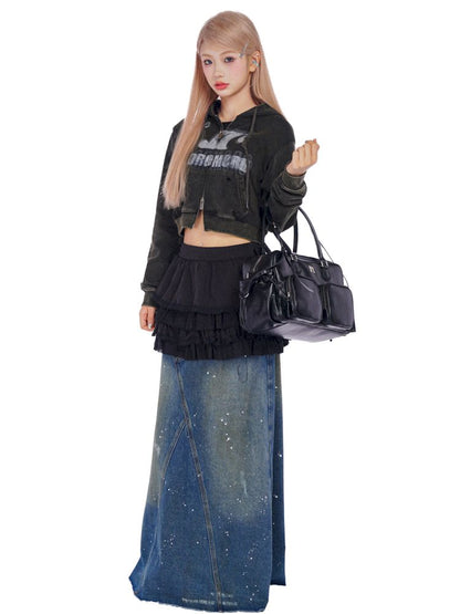 Washed splash ink flinging point spray denim bustier skirt