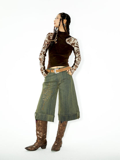 Embellished Rendered Washed Denim Midi Pants