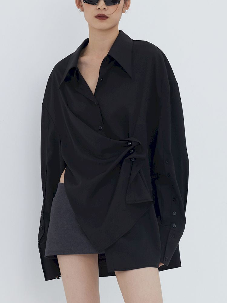 Asymmetric Hem Pleated Loose Pointed Collar Shirt