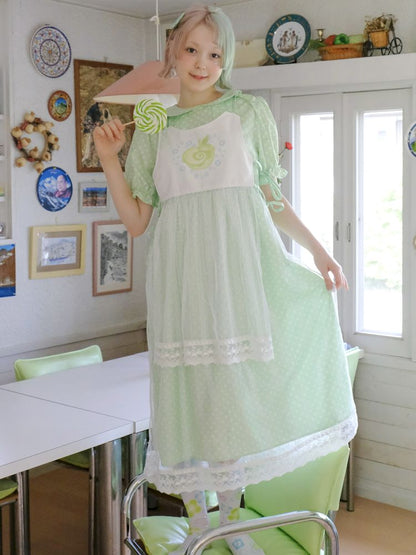 Doll Neck Green Polka Dot Cute Girls Dress