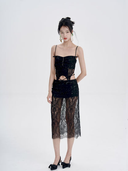 Black Lace Camisole + Low Waist Lace Half Skirt Set