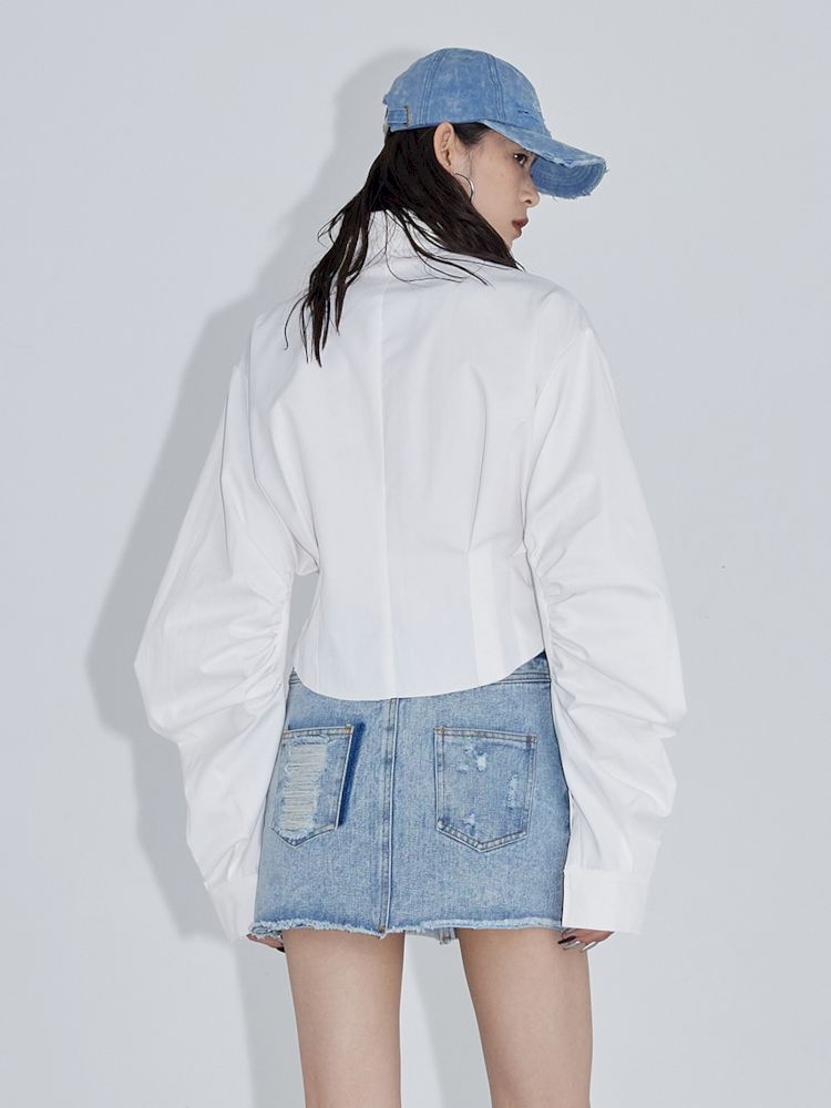 Pinch Pleated Curved Sleeve Short Shirt