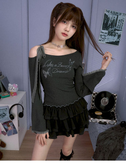 Bow strapless long-sleeved T-shirt