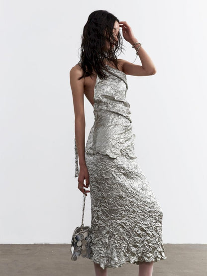 Metallic Satin Crinkle Textured Two-Piece Dress