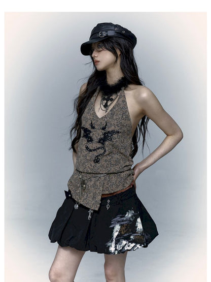 Embroidered Leopard Print Hanging Neck Vest Camisole