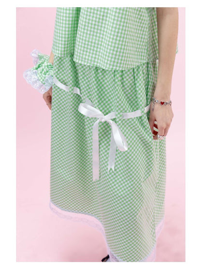 Green Lace Ribbon Loose Half Skirt