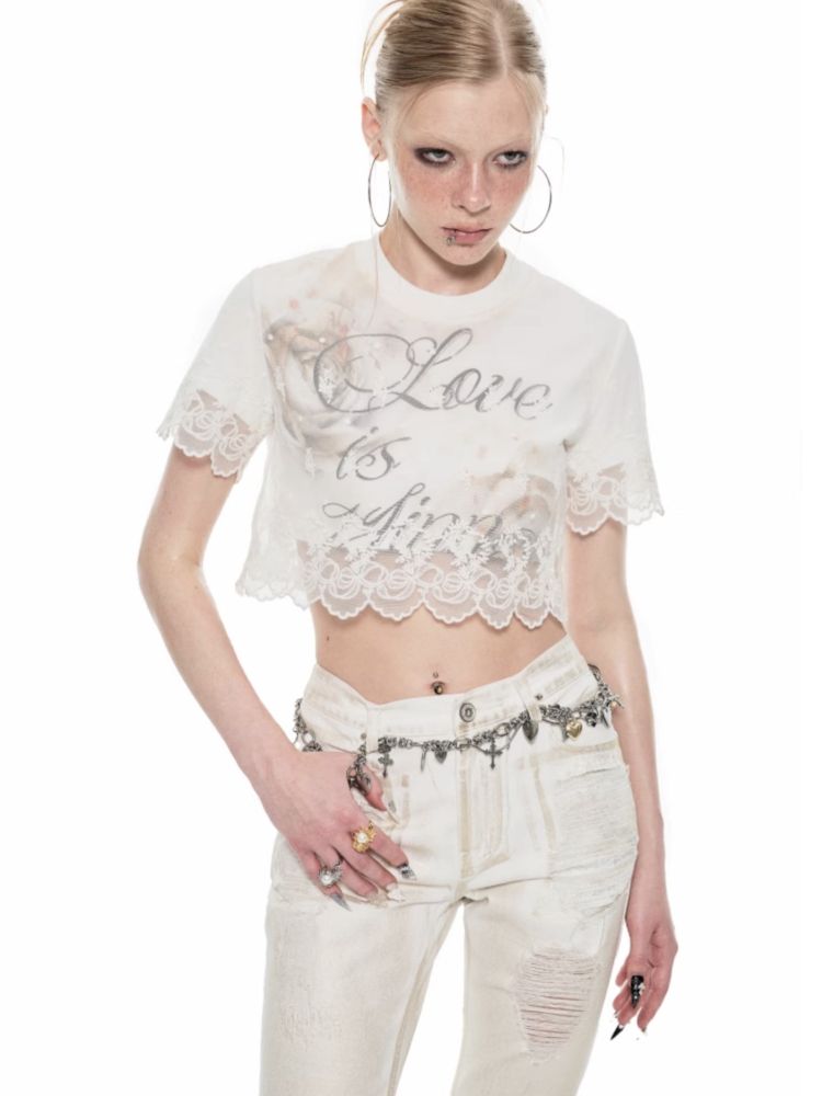 Lace false two pieces splicing short-sleeved T-shirt