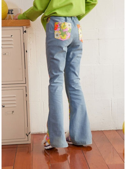 Spliced flowers stretch denim flared pants