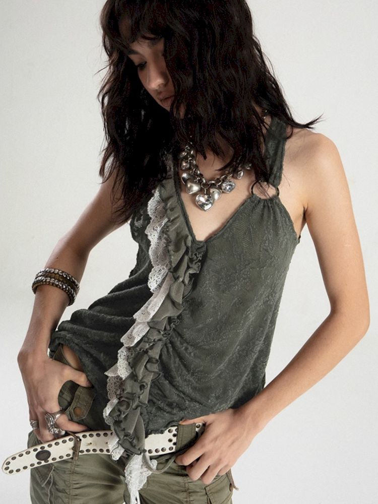 Spliced Ruffle Lace Dark Jacquard Camisole Tank Top