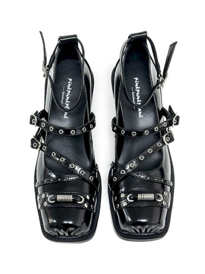 Black Punk Pig Nose Square Toe Studded Mary Jane Single Shoes