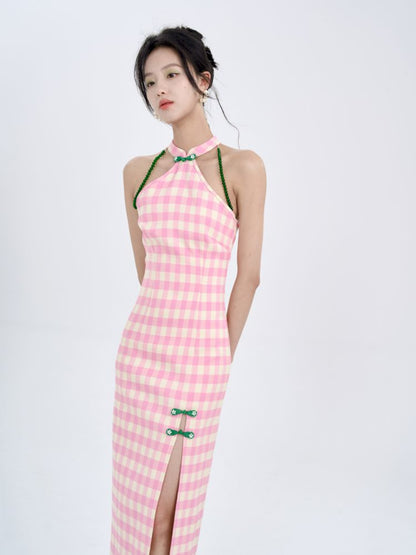 Pink Check Slim Long Cheongsam Dress