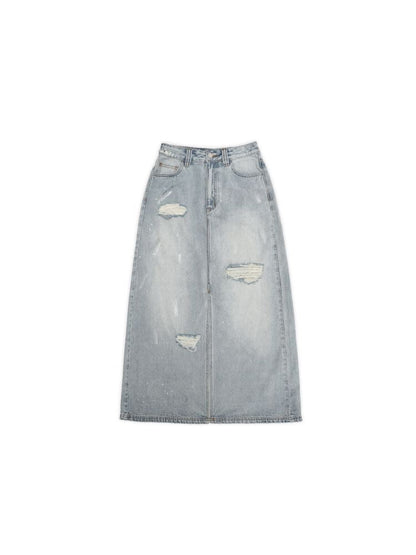 Multiple holes denim long skirt