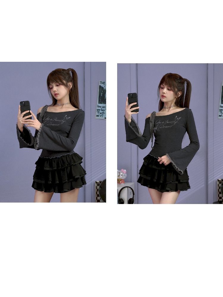 Bow strapless long-sleeved T-shirt