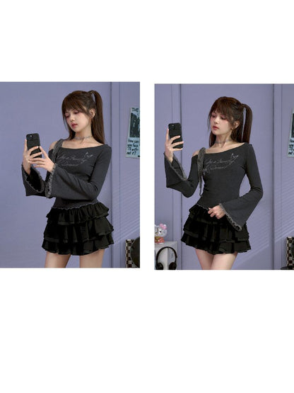 Bow strapless long-sleeved T-shirt