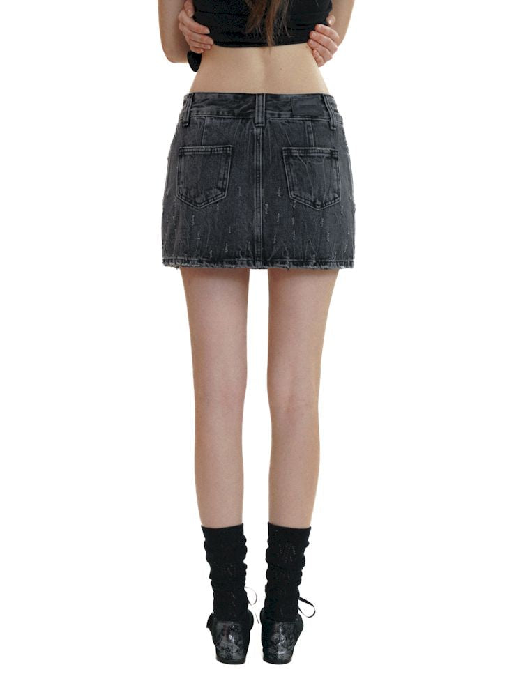 Gradient Spray Horsebit Worn Tie Flower Denim Short Skirt