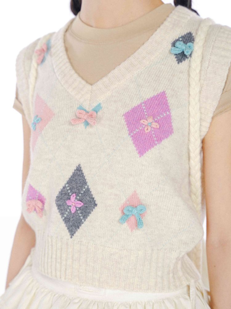 Colourful Bow Ringer V-Neck Short Sleeveless Knit Vest