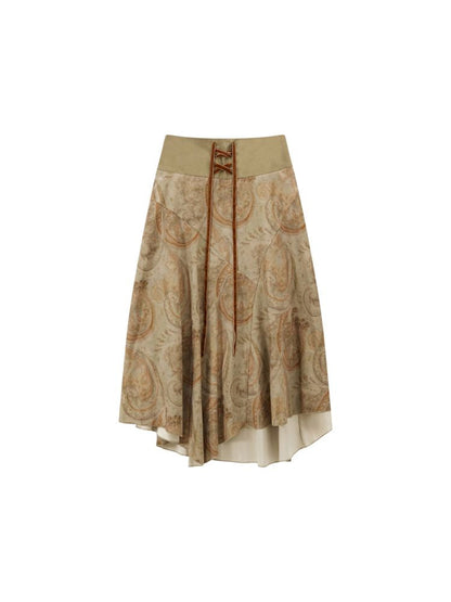 Lace-up Hem Printed Umbrella Skirt