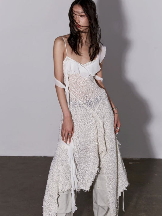 Knit Sequin Irregular Halter Dress