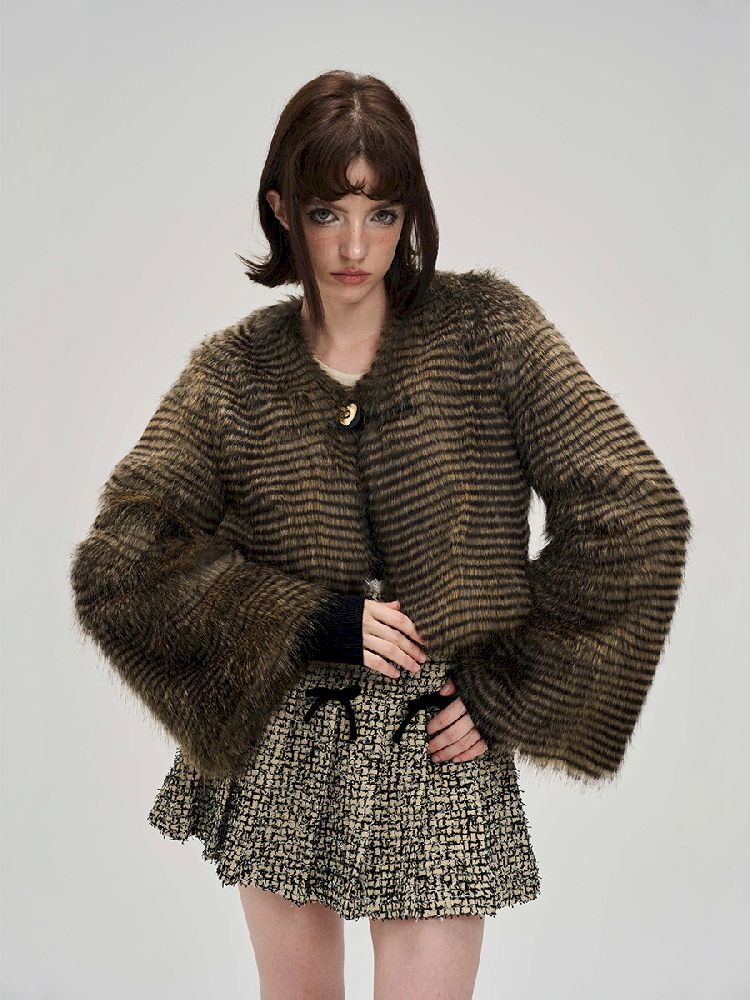 Flared Sleeve Eco Fur Short Jacket