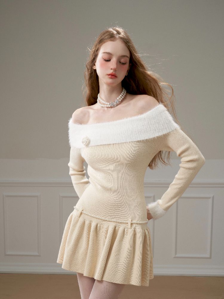 One-Shoulder Faux Mink Knit Dress