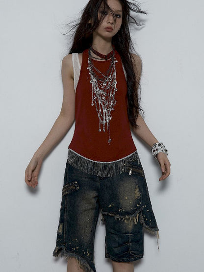 Fake Two Piece Clashing Fringe Patchwork Vest