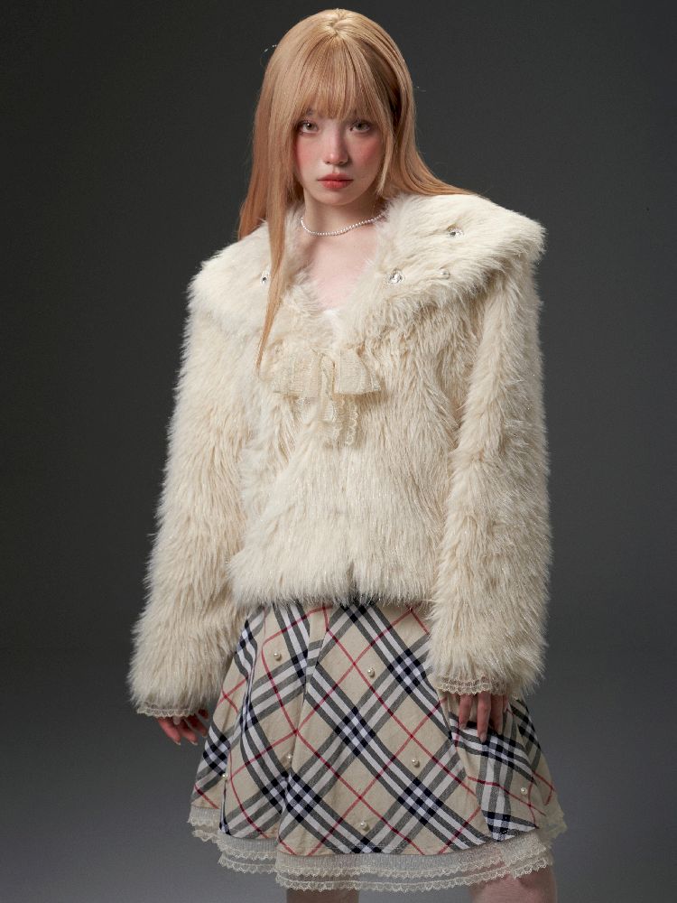 Large lapel bright silk fur winter coat