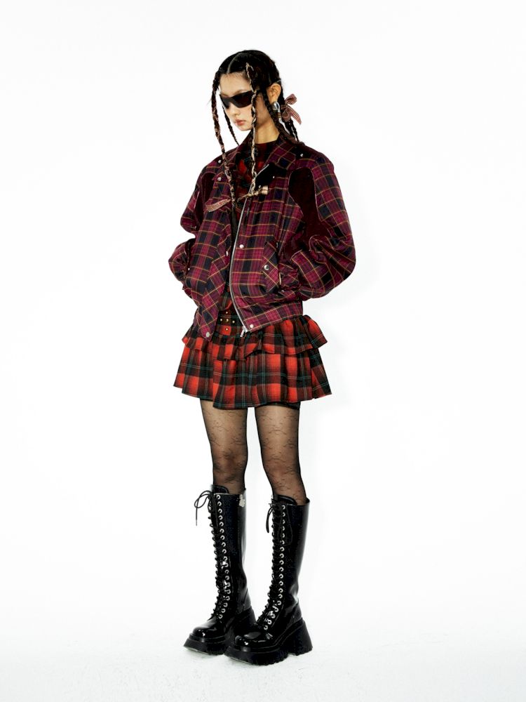 Plaid waist slimming mini cake dress