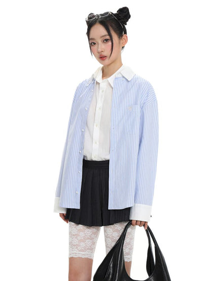 Stripe embroidery label long-sleeved shirt