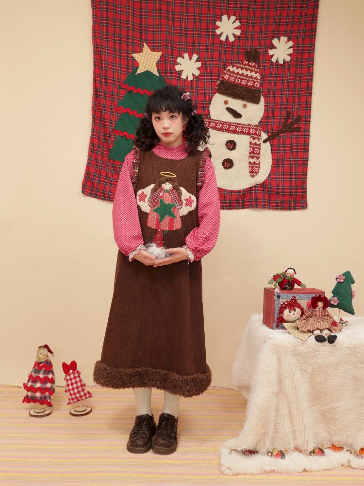 Cherub Color Plaid Appliqué Corduroy Vest Dress