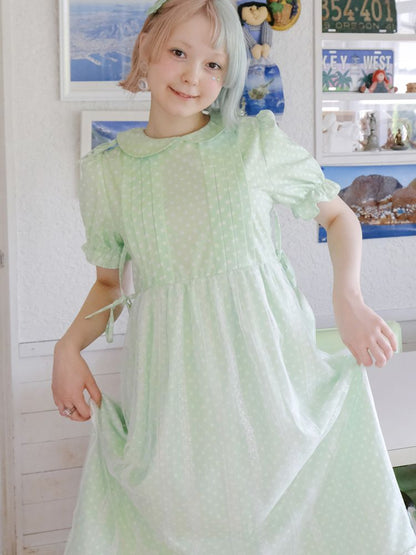 Doll Neck Green Polka Dot Cute Girls Dress