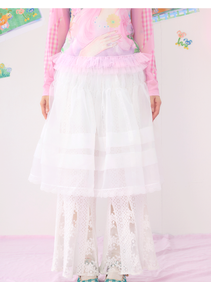 Spliced Lace White Gauze Skirt