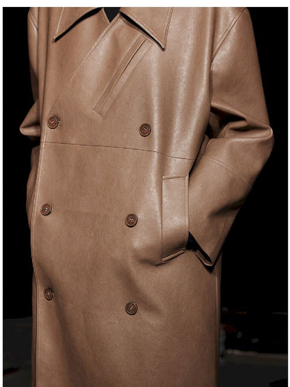 Mid-Length Silhouette Loose Leather Trench Coat