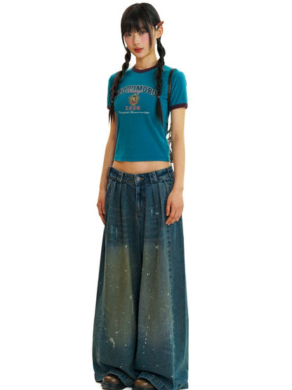 Baggy dragging wide leg denim trousers